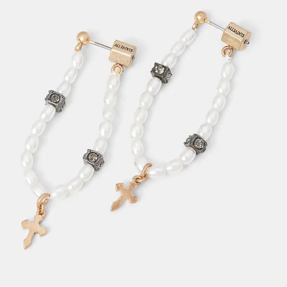 All Saints Beaded Imitation Pearl Hoop Earrings in Pearl/Gold - Picture 3 of 8